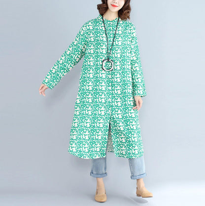 2018green Print Long Cotton Linen Dresses Clothing Stand Cotton Linen Gown Long Sleeve Side Open Baggy Dresses