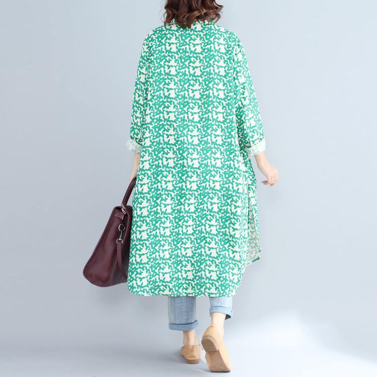 2018green Print Long Cotton Linen Dresses Clothing Stand Cotton Linen Gown Long Sleeve Side Open Baggy Dresses