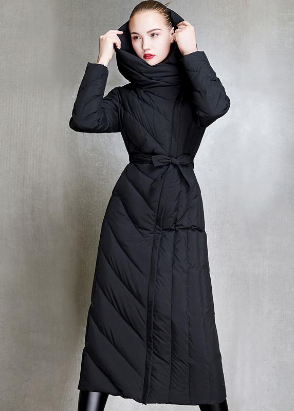 Loose Fitting Parka Hooded Winter Outwear Black Tie Waist Down Coat Winter