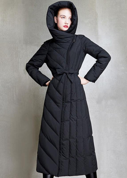 Loose Fitting Parka Hooded Winter Outwear Black Tie Waist Down Coat Winter