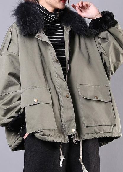 Army Green Outfit Oversize Snow Jackets Pockets Faux Fur Collar Winter Coats