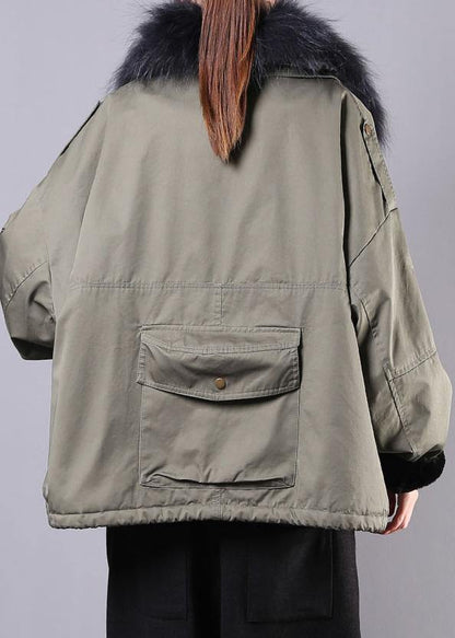 Army Green Outfit Oversize Snow Jackets Pockets Faux Fur Collar Winter Coats