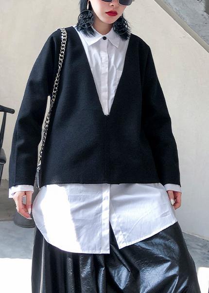 Autumn and Winter New Large Size Long-sleeved V-neck Wool Tops White Shirt Female Two-piece Suit