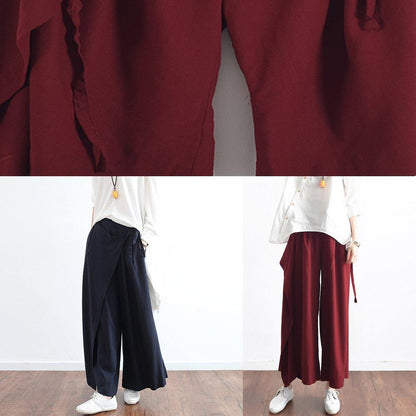 Autumn Original Design Literary Retro Tie Irregular Wide Leg Burgundy Pants