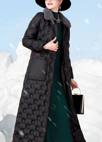 Black Down Coat Winter Rabbit Wool Collar Winter Jacket Pockets Winter Outwear