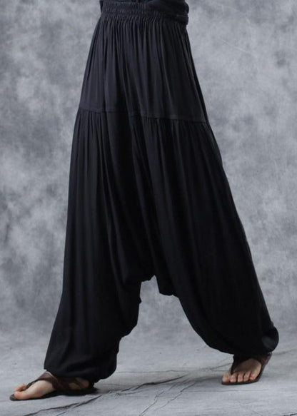 Black Elastic Waist New Linen Pants Loose Cinched Harem Pants