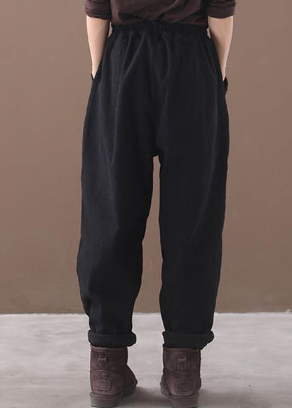 Black Loose Cotton Pants Elastic Waist Harem Pants