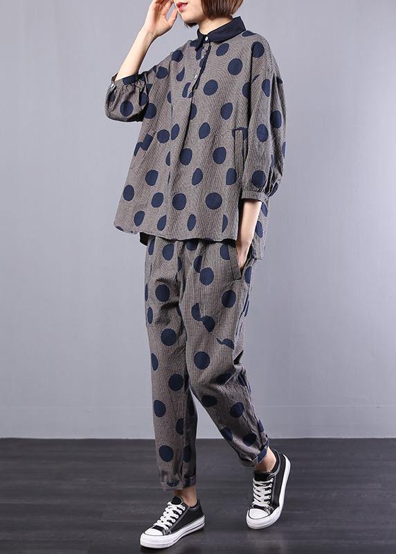 Blue Dotted Cotton Lapel Collar Tops and Elastic Waist Pants Two Pieces