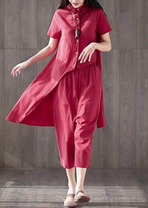 Two Pieces Red Asymmetric Lapel Tops and Pockets Harem Pants