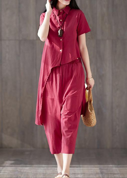 Two Pieces Red Asymmetric Lapel Tops and Pockets Harem Pants