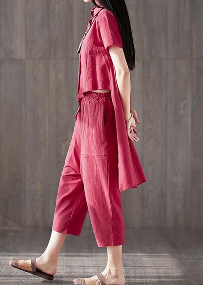 Two Pieces Red Asymmetric Lapel Tops and Pockets Harem Pants