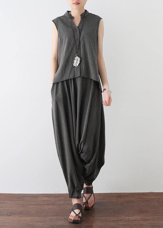Gray Cotton Linen Two Pieces Sleeveless Tops and Pants