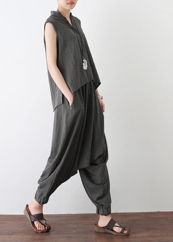 Gray Cotton Linen Two Pieces Sleeveless Tops and Pants
