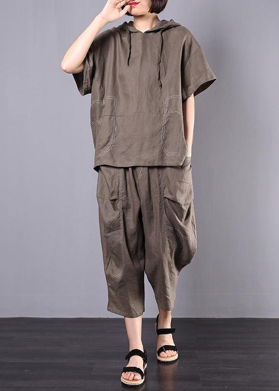 Gray Cotton Linen Loose Hooded Tops and Harem Pants Two Pieces