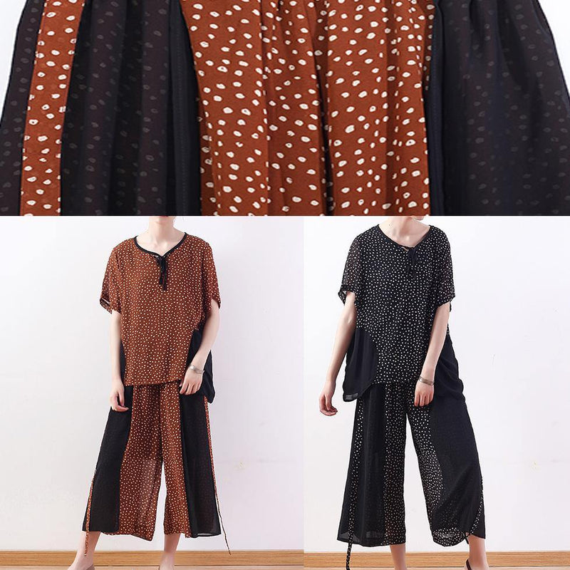 Khaki Two Pieces Chiffon Dotted Tops and Patchwork Wide Leg Pants