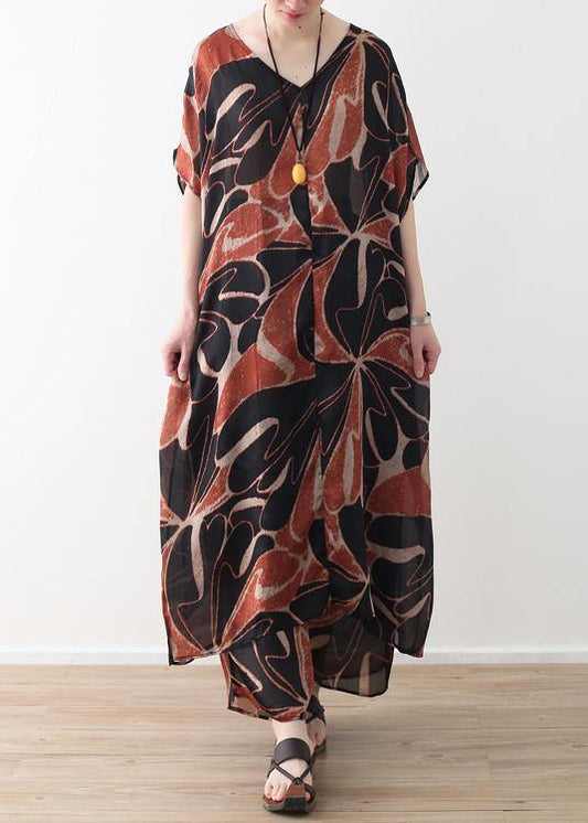 Khaki Chiffon Two Pieces V Neck Dress and Elastic Waist Wide Leg Pants