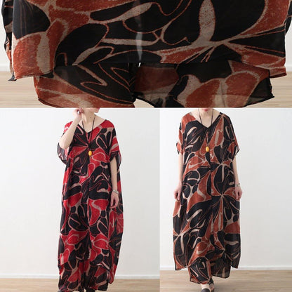Khaki Chiffon Two Pieces V Neck Dress and Elastic Waist Wide Leg Pants