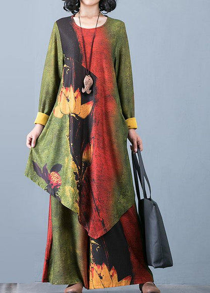 Large Size Chiffon Irregular Long Section Top Loose Wide Leg Pants Green Printed Two-piece Suit