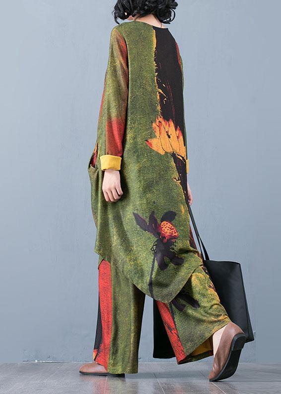 Large Size Chiffon Irregular Long Section Top Loose Wide Leg Pants Green Printed Two-piece Suit