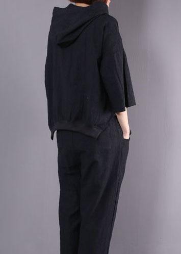 New Black Cotton Linen Two Pieces Hooded Pullover and Elastic Waist Pants