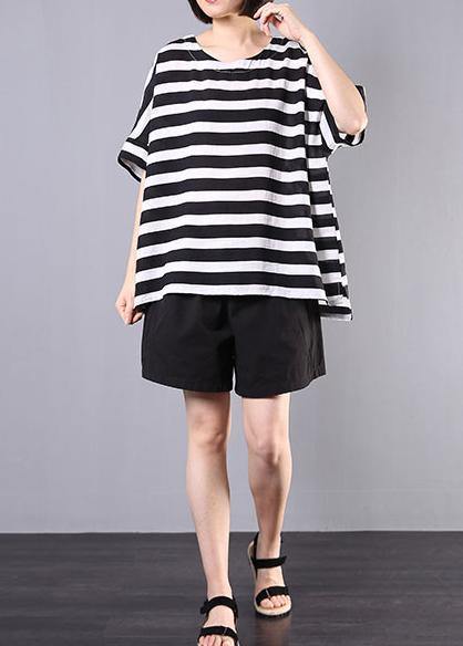 New Cotton Blended Black Striped Short Sleeve Pullover With Elastic Waist Short Two Pieces