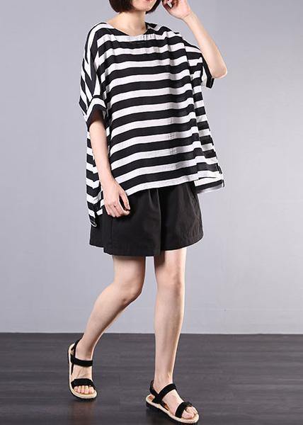 New Cotton Blended Black Striped Short Sleeve Pullover With Elastic Waist Short Two Pieces