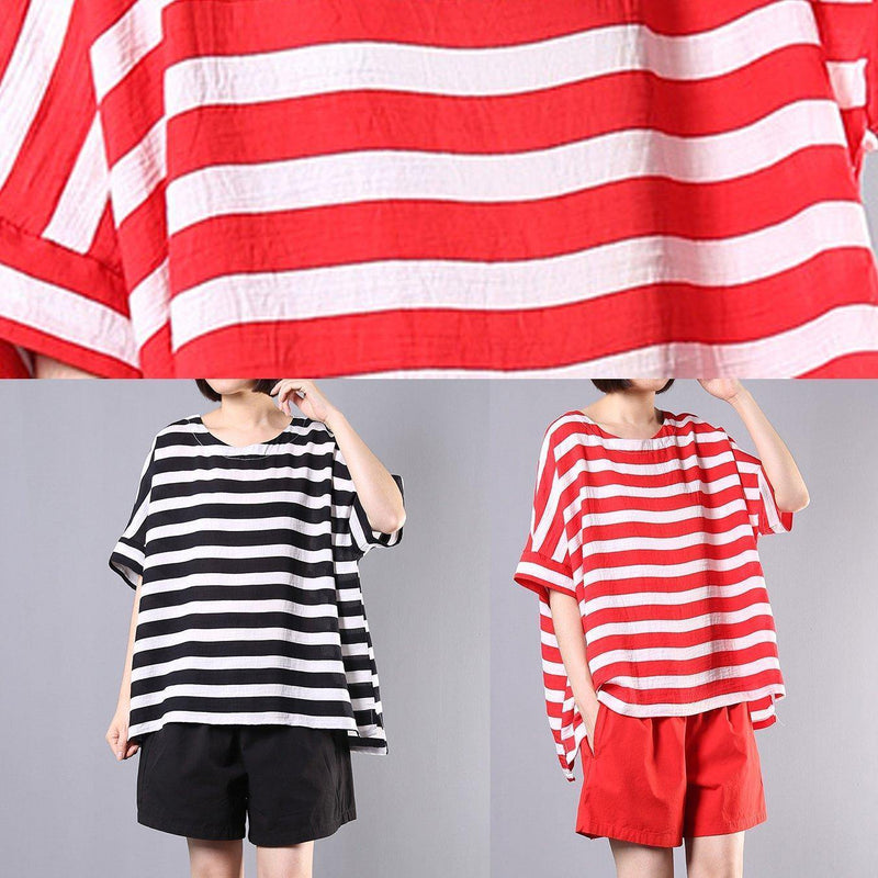 New Cotton Blended Black Striped Short Sleeve Pullover With Elastic Waist Short Two Pieces