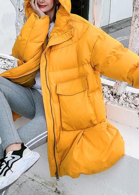 Oversized Down Jacket Big Pockets Winter Outwear Yellow Hooded Coats