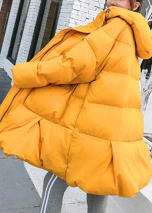 Oversized Down Jacket Big Pockets Winter Outwear Yellow Hooded Coats