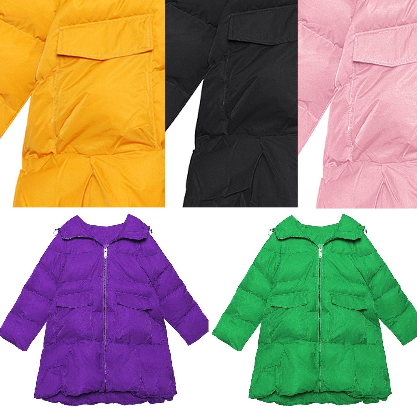 Oversized Down Jacket Big Pockets Winter Outwear Yellow Hooded Coats