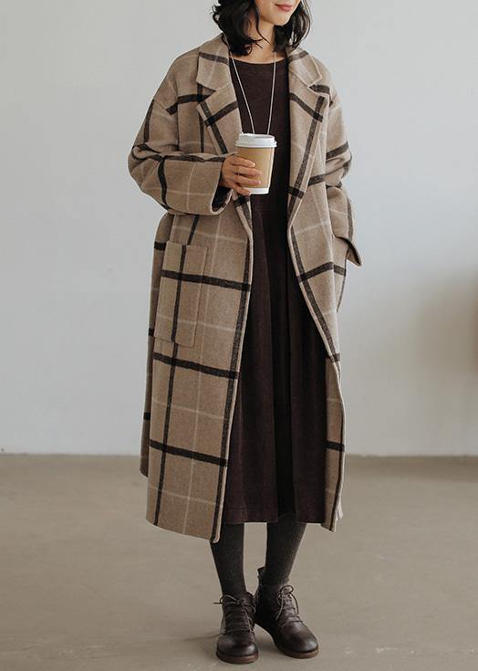 Plaid Wool Coat Notched Pockets Long Woolen Outwear