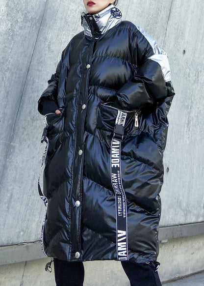 Down Jacket High Neck Winter Coats Black Patchwork Parka