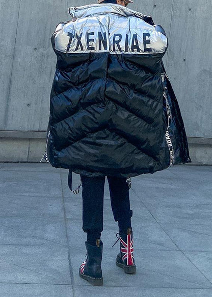 Down Jacket High Neck Winter Coats Black Patchwork Parka
