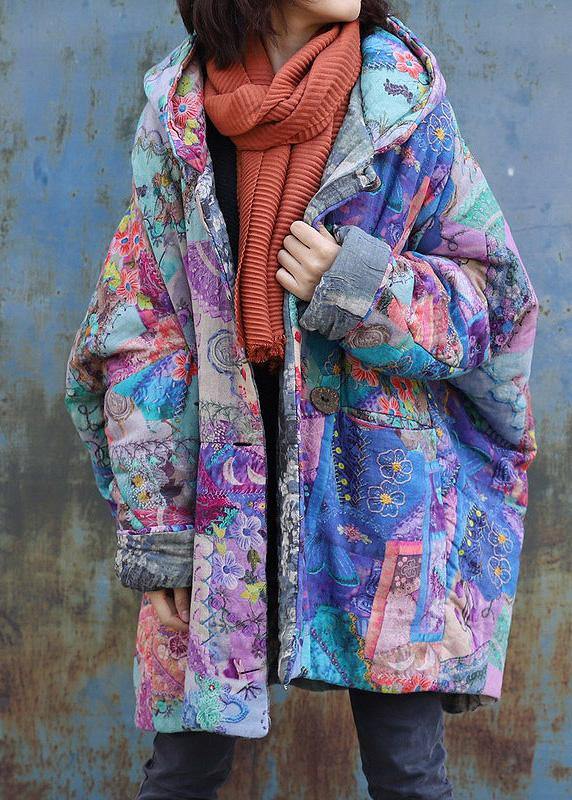 Purple Prints Overcoat Oversized Warm Winter Coat Hooded Patchwork Overcoat