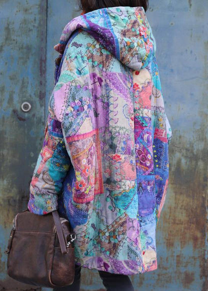 Purple Prints Overcoat Oversized Warm Winter Coat Hooded Patchwork Overcoat