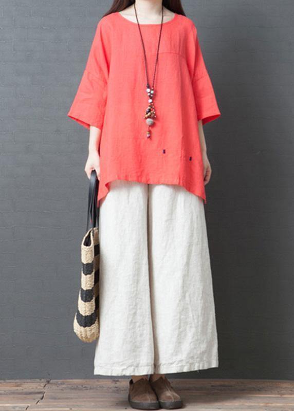 Red Cotton Low High Design T Shirt and White Wide Leg Pants Two Pieces