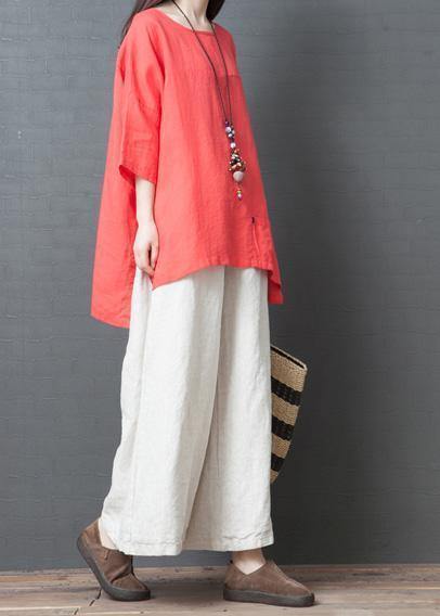 Red Cotton Low High Design T Shirt and White Wide Leg Pants Two Pieces