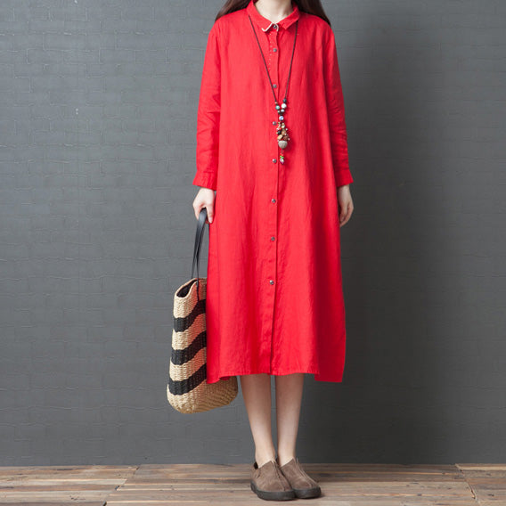 Spring New Red Linen Shirt Dress Long Sleeve Maxi Dress