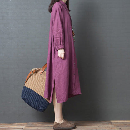Spring New Red Linen Shirt Dress Long Sleeve Maxi Dress