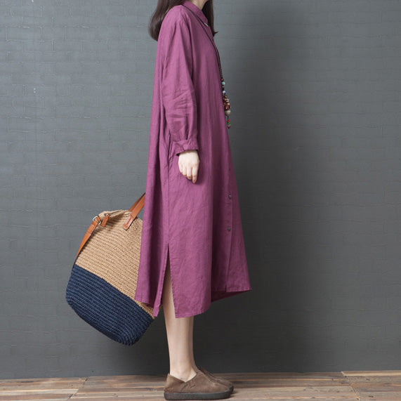 Spring New Red Linen Shirt Dress Long Sleeve Maxi Dress