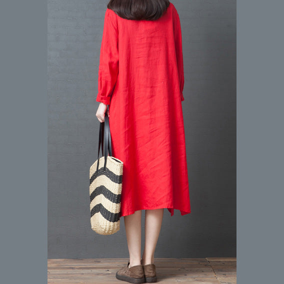 Spring New Red Linen Shirt Dress Long Sleeve Maxi Dress