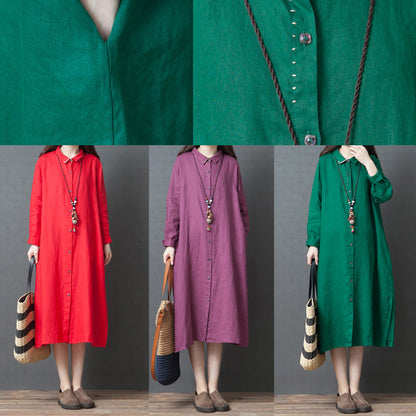 Spring New Red Linen Shirt Dress Long Sleeve Maxi Dress