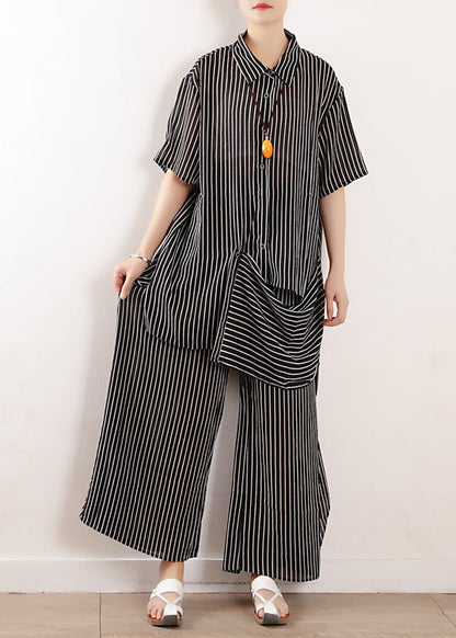Summer New Black Loose Chiffon Shirt and Wide Leg Pant Two Pieces