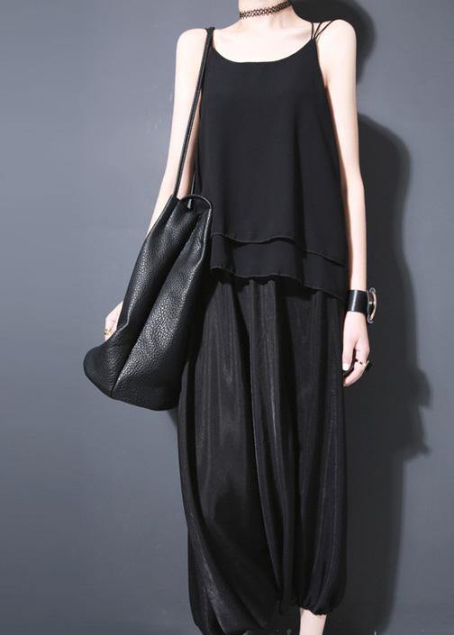 Summer New Black Silk Crop Pants Loose Lantern Pants