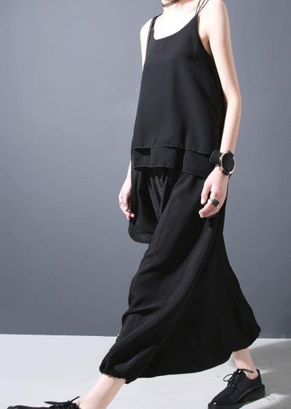Summer New Black Silk Crop Pants Loose Lantern Pants