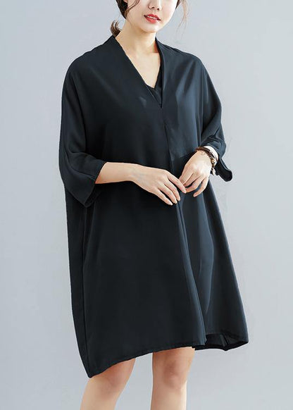 Summer New Chiffon V Neck Half Sleeve Black Dress