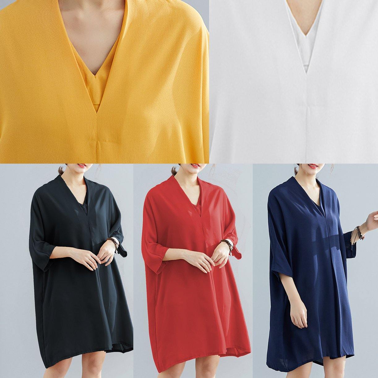 Summer New Chiffon V Neck Half Sleeve Black Dress