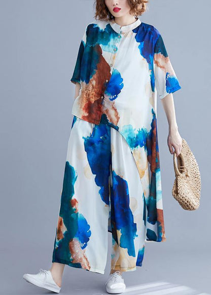 Summer New Large Size Chiffon Print Sleeveless Shirt + Wide Leg Pants Suit