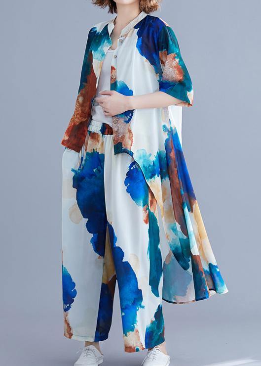 Summer New Large Size Chiffon Print Sleeveless Shirt + Wide Leg Pants Suit