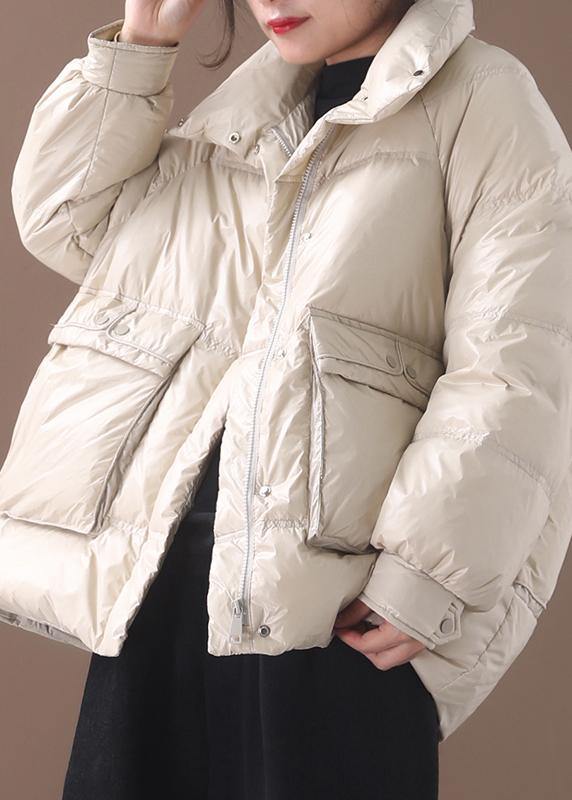 White Goose Down Coat Clothing Snow Jackets Two Pockets Stand Collar Coats